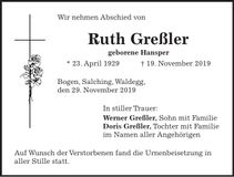 Traueranzeige Ruth Greßler