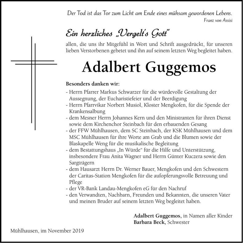 Traueranzeige Adalbert Guggemos