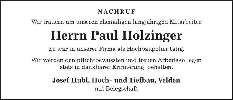 Traueranzeige Paul Holzinger