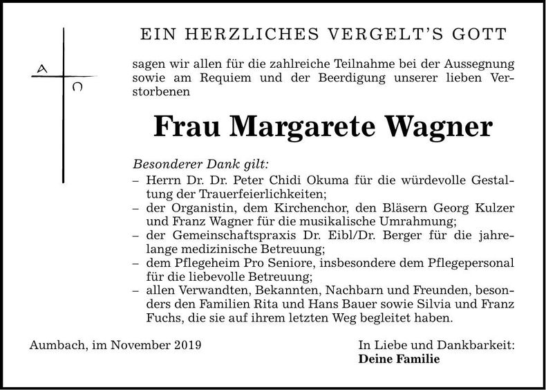 Traueranzeige Margarete Wagner