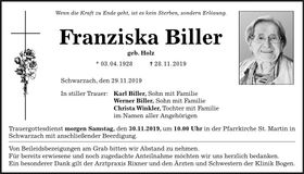 Traueranzeige Franziska Biller