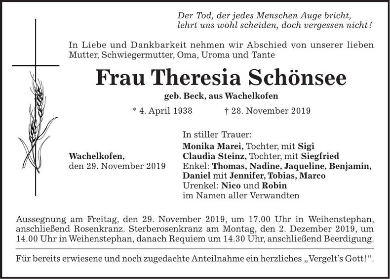 Traueranzeige Theresia Schönsee