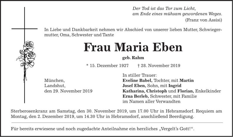 Traueranzeige Maria Eben