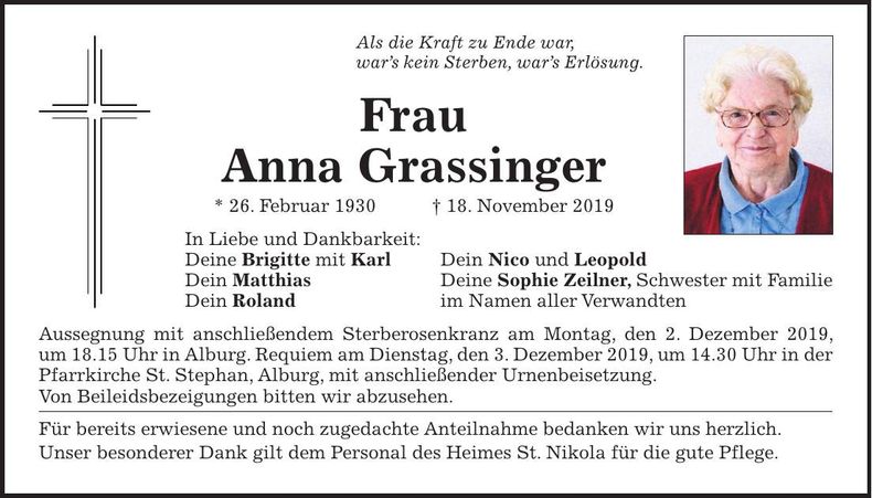 Traueranzeige Anna Grassinger