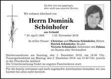 Traueranzeige Dominik Schönhofer