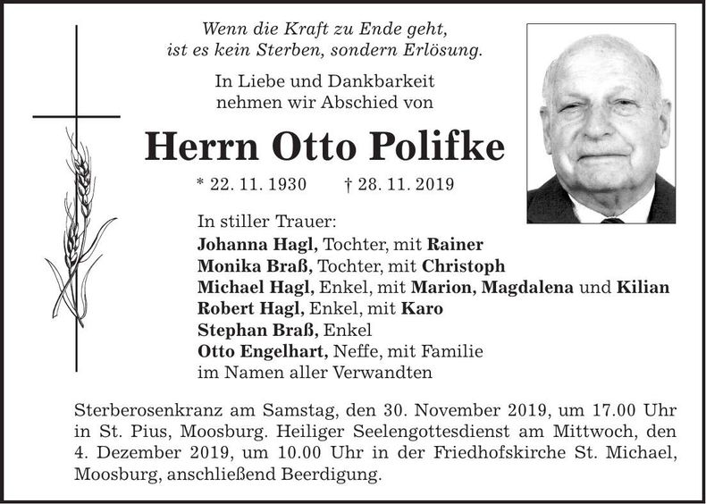 Traueranzeige Otto Polifke