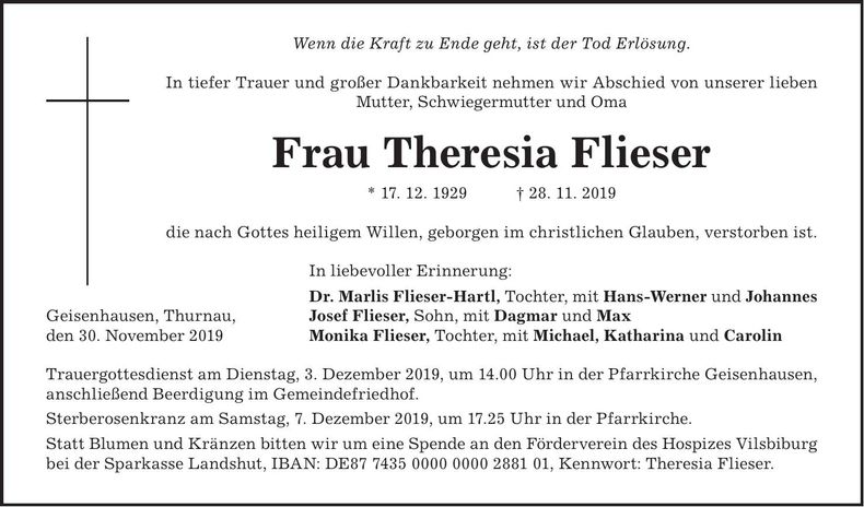 Traueranzeige Theresia Flieser