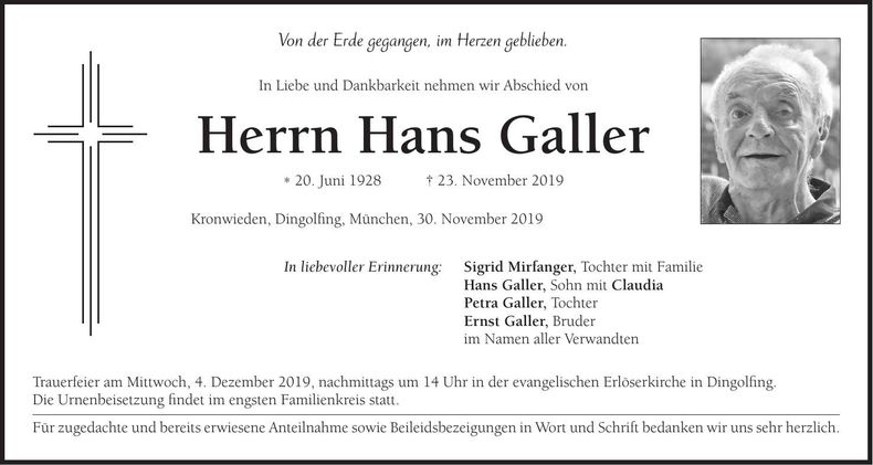 Traueranzeige Hans Galler