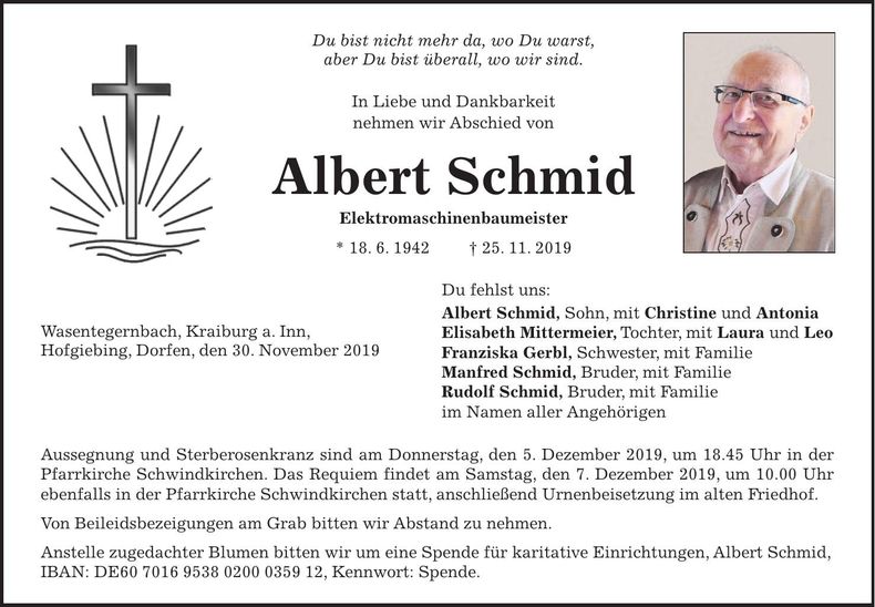 Traueranzeige Albert Schmid