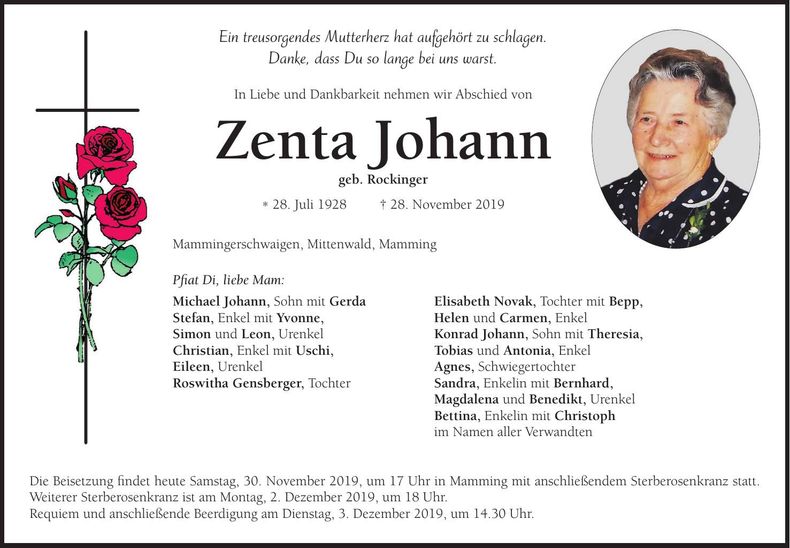 Traueranzeige Zenta Johann