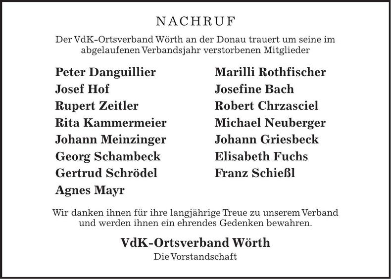 Traueranzeige Ortsverband Vdk Wörth