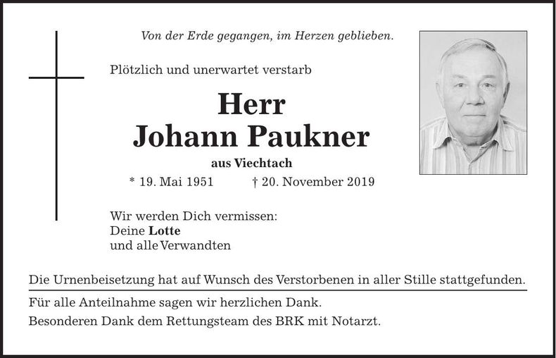 Traueranzeige Johann Paukner
