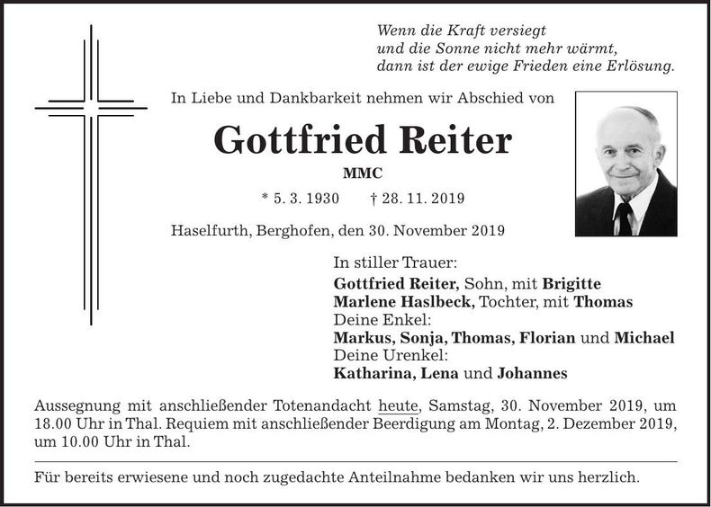 Traueranzeige Gottfried Rieter