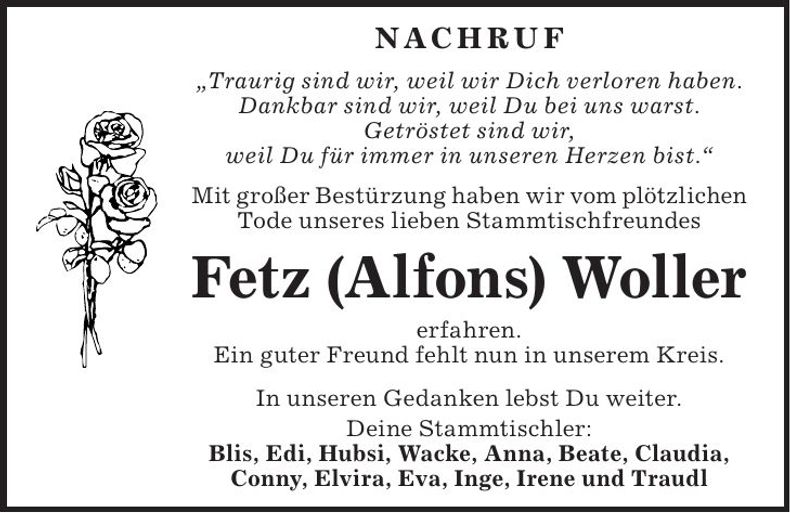 Traueranzeige Alfons Woller