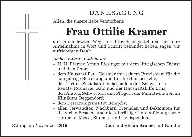 Traueranzeige Ottilie Kramer