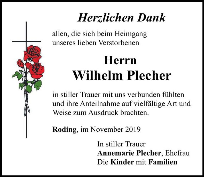 Traueranzeige Wilhelm Plecher