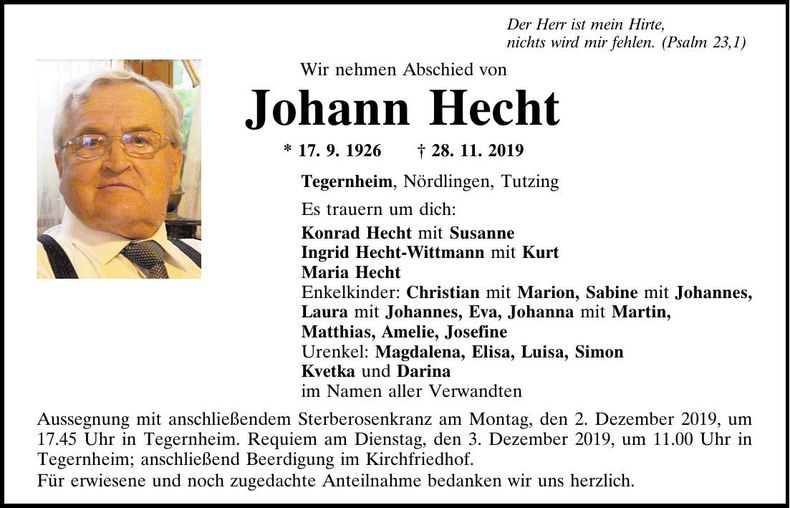 Traueranzeige Johann Hecht