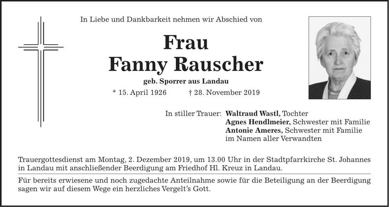Traueranzeige Fanny Raucher