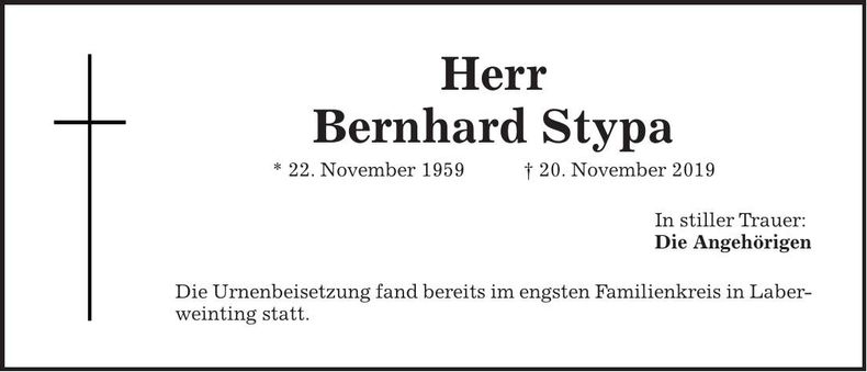 Traueranzeige Bernhard Stypa
