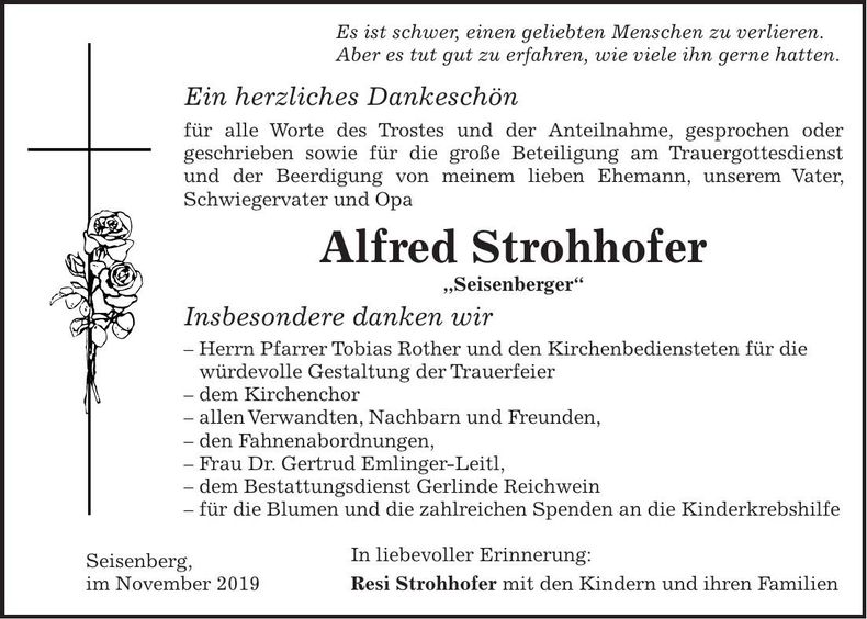 Traueranzeige Alfred Strohhofer