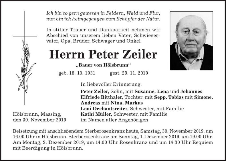 Traueranzeige Peter Zeiler
