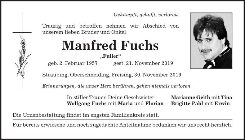 Traueranzeige Manfred Fuchs