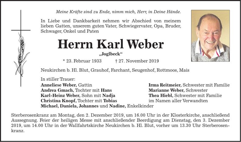 Traueranzeige Karl Weber