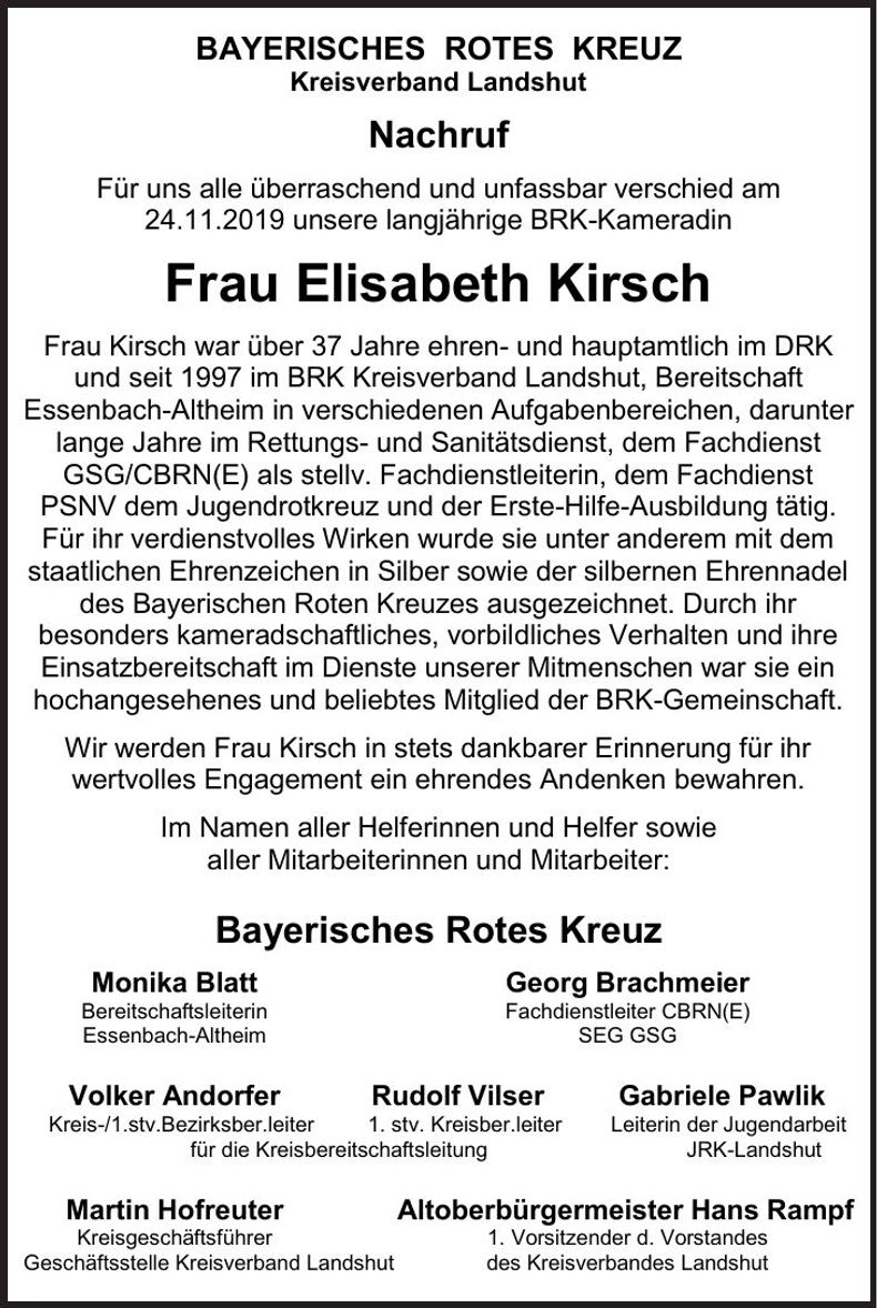 Traueranzeige Elisabeth Kirsch