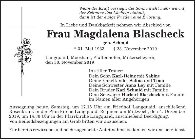Traueranzeige Magdalena Blascheck