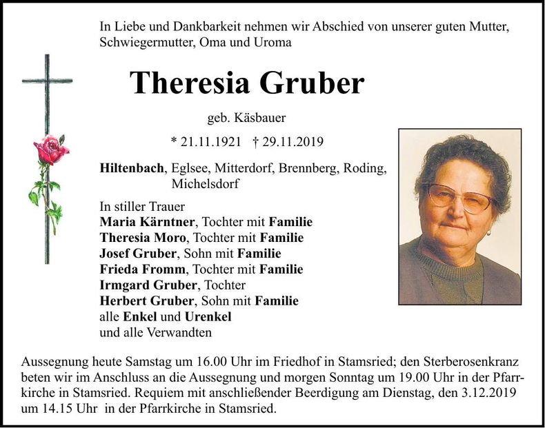 Traueranzeige Theresia Gruber