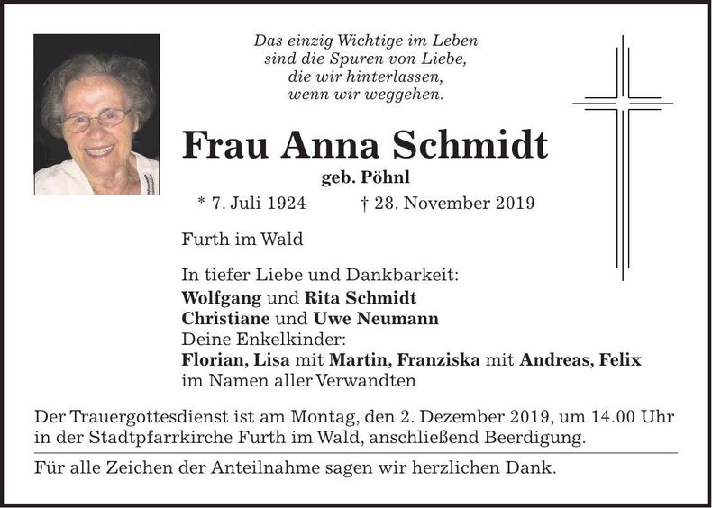 Traueranzeige Anna Schmidt