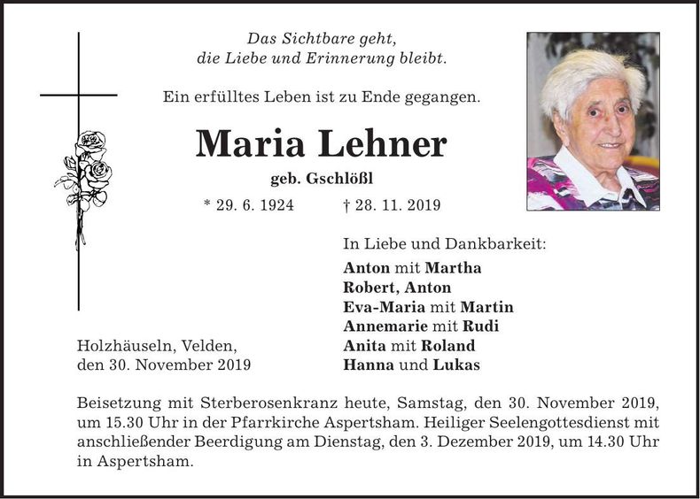 Traueranzeige Maria Lehner