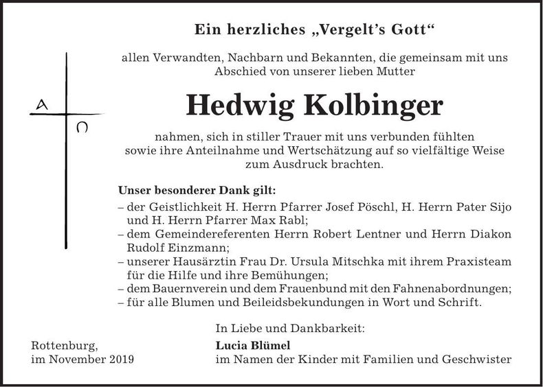 Traueranzeige Hedwig Kolbinger