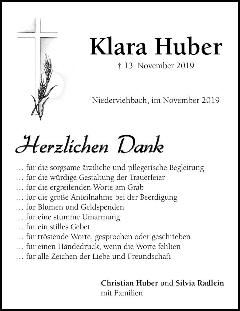 Traueranzeige Klara Huber