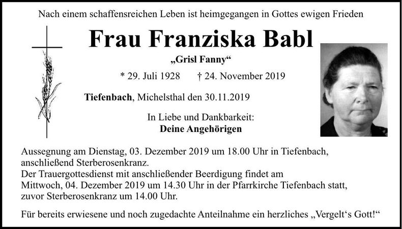 Traueranzeige Franziska Babl