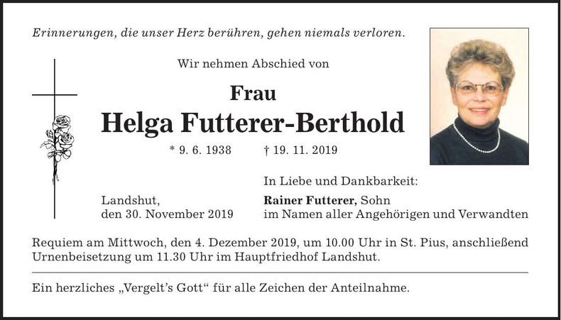 Traueranzeige Helga Futterer-Berthold
