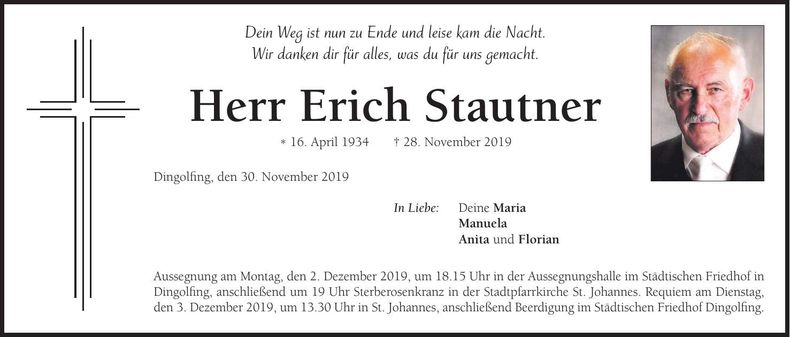Traueranzeige Erich Stautner