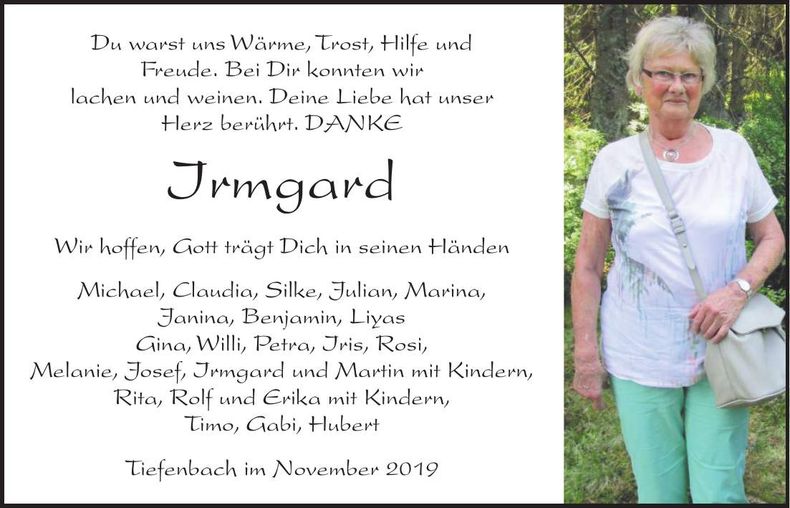 Traueranzeige Irmgard Bischof