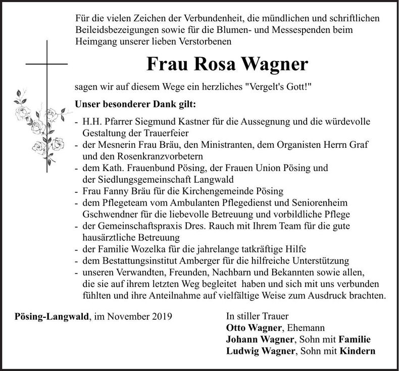 Traueranzeige Rosa Wagner