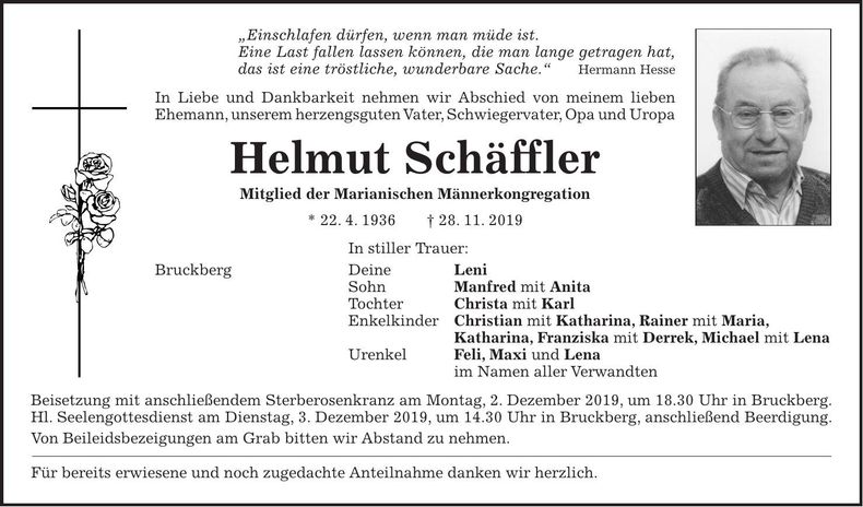 Traueranzeige Helmut Schäffler