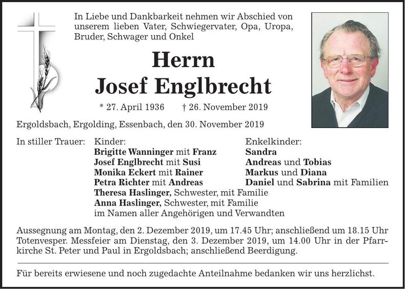 Traueranzeige Josef Englbrecht