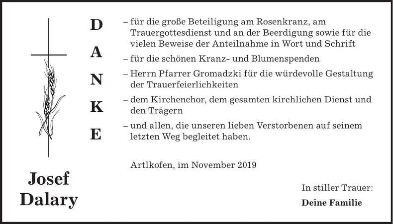Traueranzeige Josef Dalary