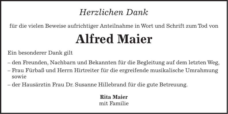 Traueranzeige Alfred Maier