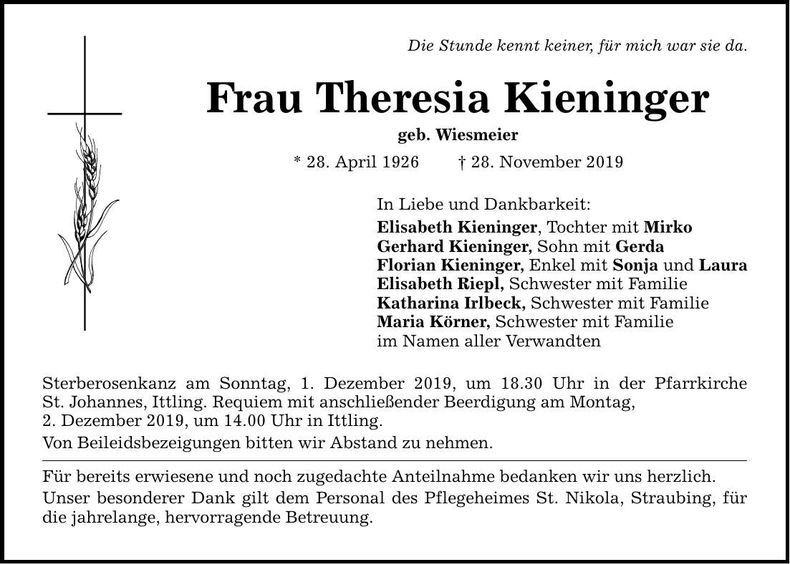 Traueranzeige Theresia Kieninger
