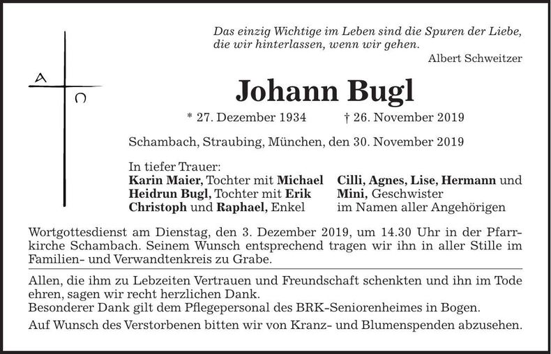 Traueranzeige Johann Bugl