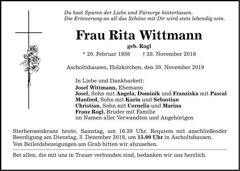 Traueranzeige Rita Wittmann