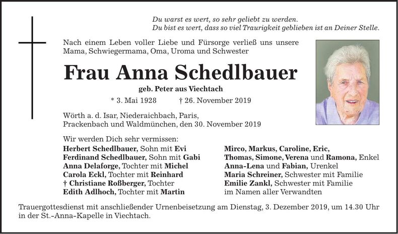 Traueranzeige Anna Schedlbauer