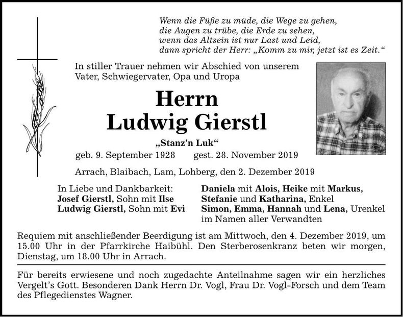 Traueranzeige Gierstl Ludwig