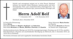 Traueranzeige Adolf Reif