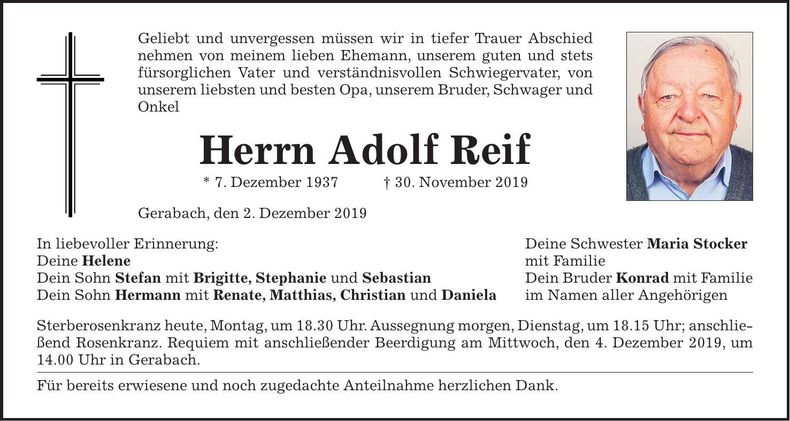 Traueranzeige Adolf Reif